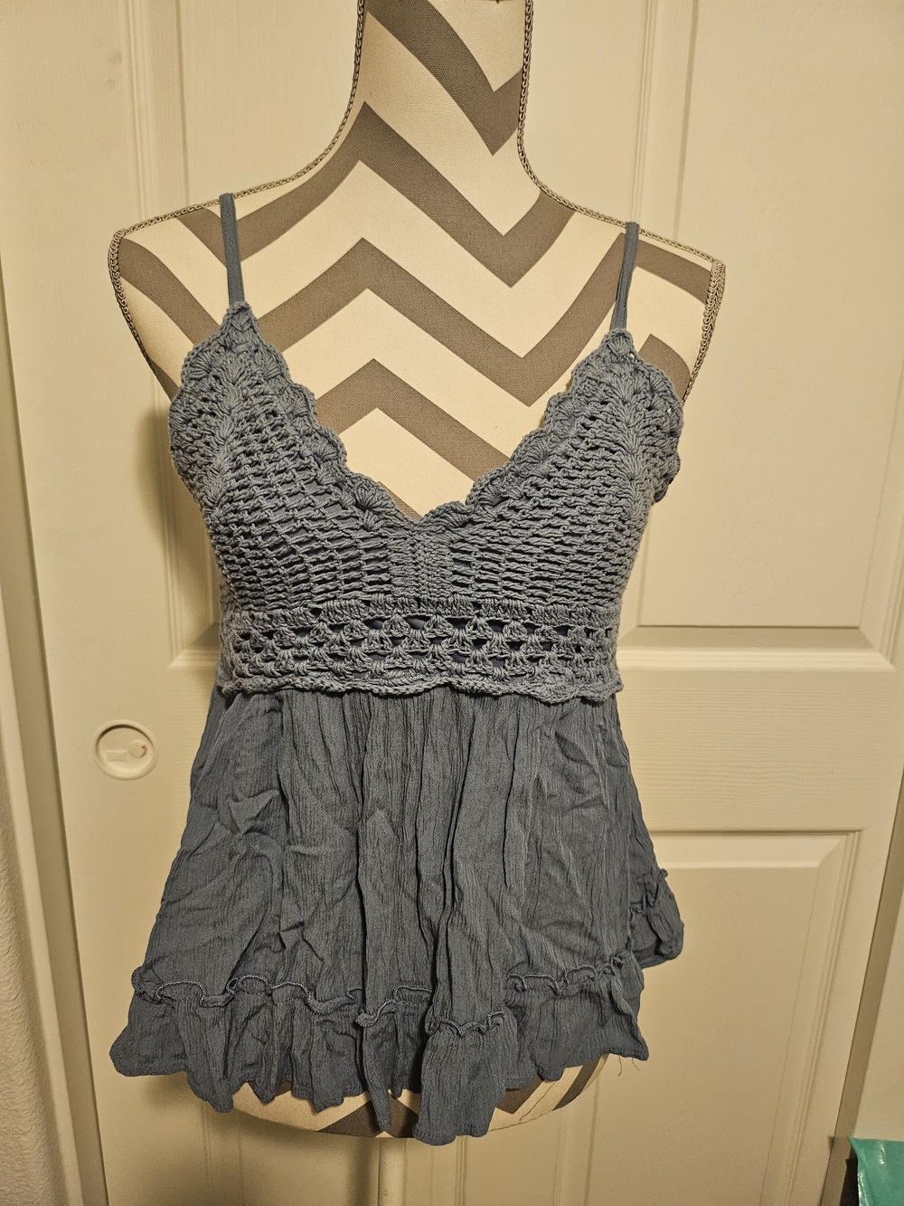 Blush Crochet Bodice Blue Spaghetti Strap Camisole